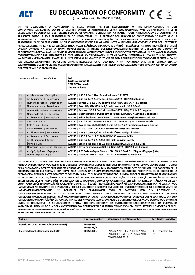 Page 1 de la notice Manuel utilisateur ACT AC1500