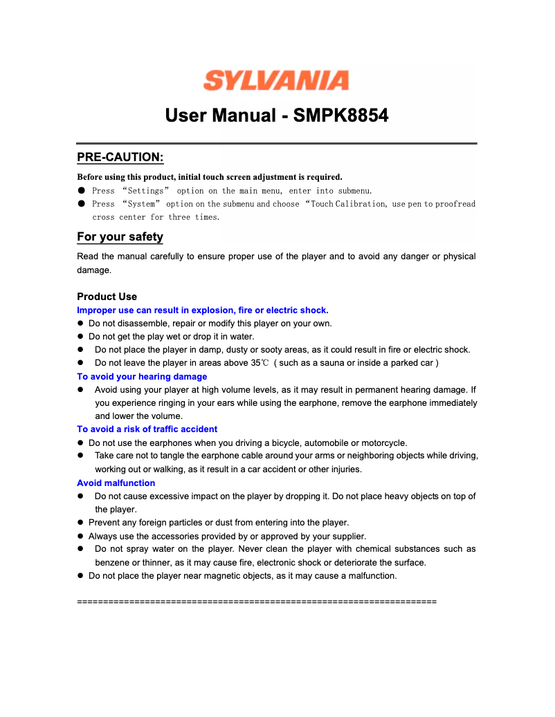 Page 1 de la notice Manuel utilisateur Sylvania SMPK8854