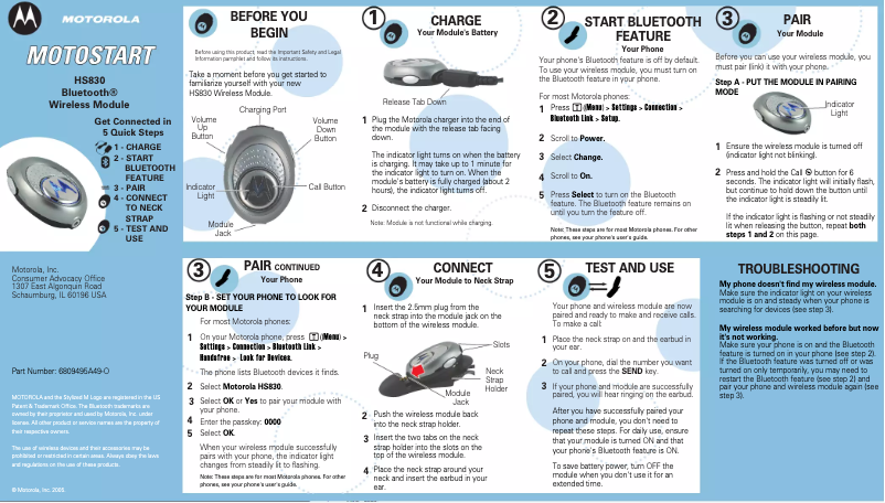 Page 1 de la notice Manuel utilisateur Motorola HS830