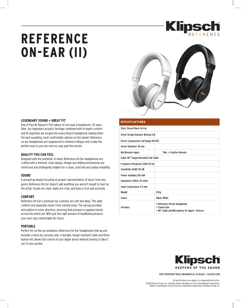 Page 1 de la notice Fiche technique Klipsch Reference On-Ear II