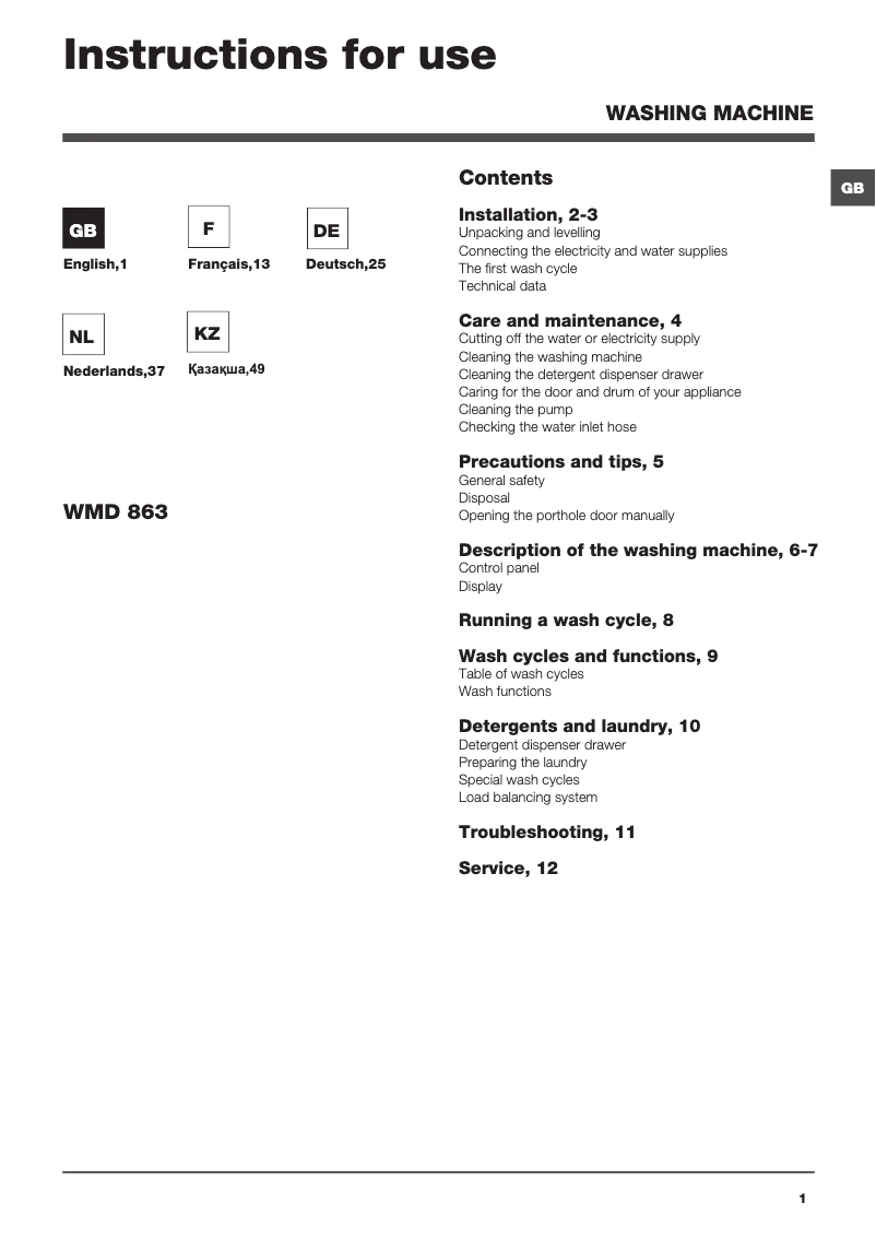 Page 1 de la notice Manuel utilisateur Hotpoint WMD 863