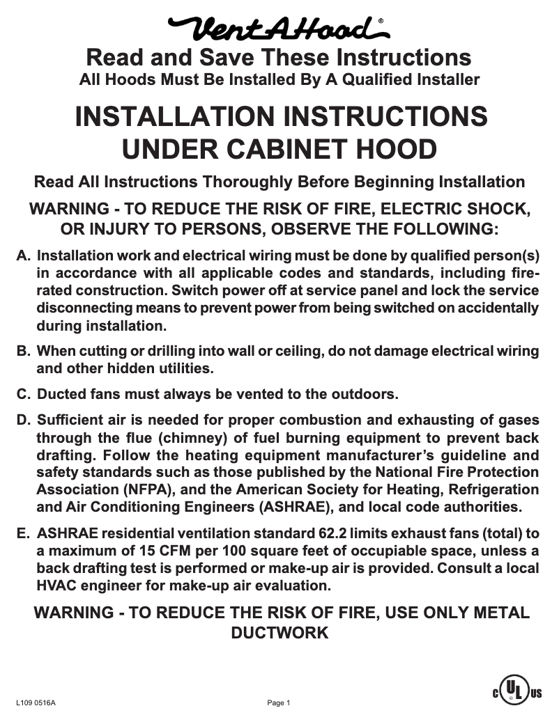Page n°1 - Guide d'installation Vent-A-Hood SLH9230SS