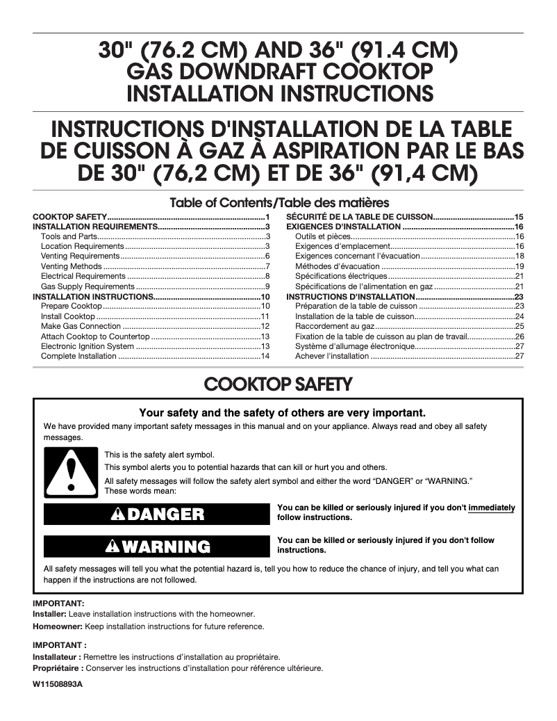 Page 1 de la notice Guide d'installation JennAir JGD3430GS