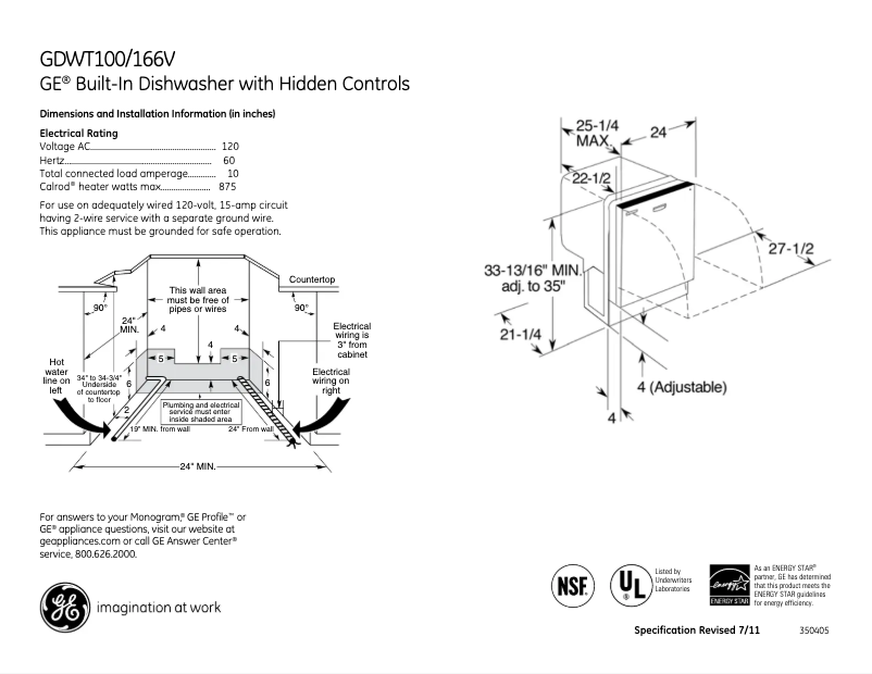 Page 1 de la notice Fiche technique GE GDWT106VBB