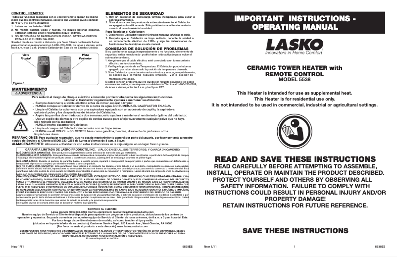 Page n°1 - Manuel utilisateur Lasko Oscillating Ceramic 5538