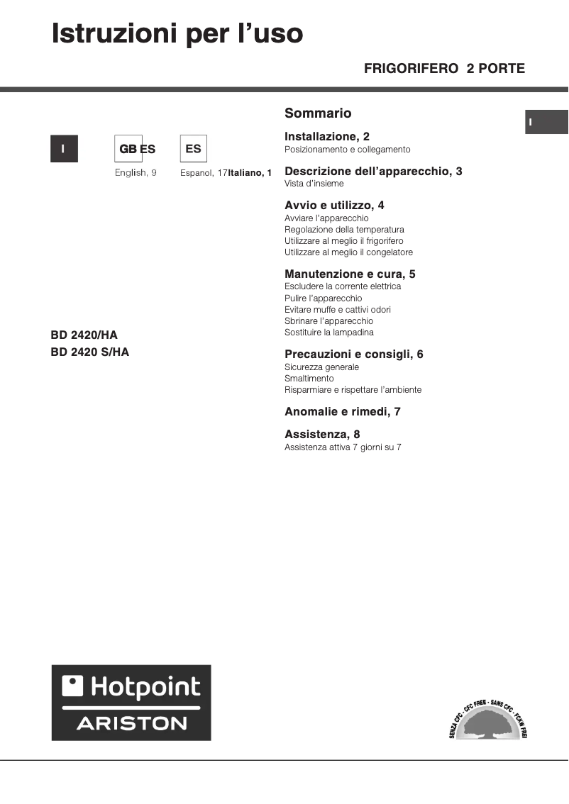 Page 1 de la notice Manuel utilisateur Hotpoint Ariston BD 2420 HA