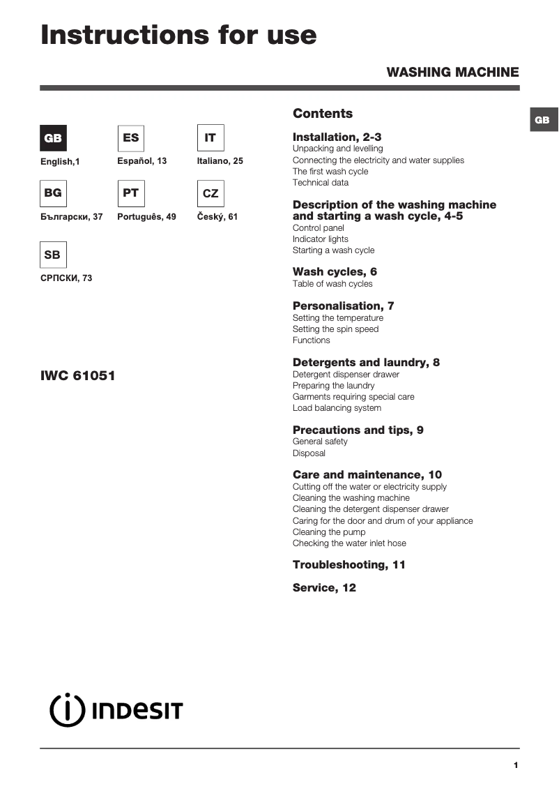 Page 1 de la notice Manuel utilisateur Indesit IWC 61051 C ECO