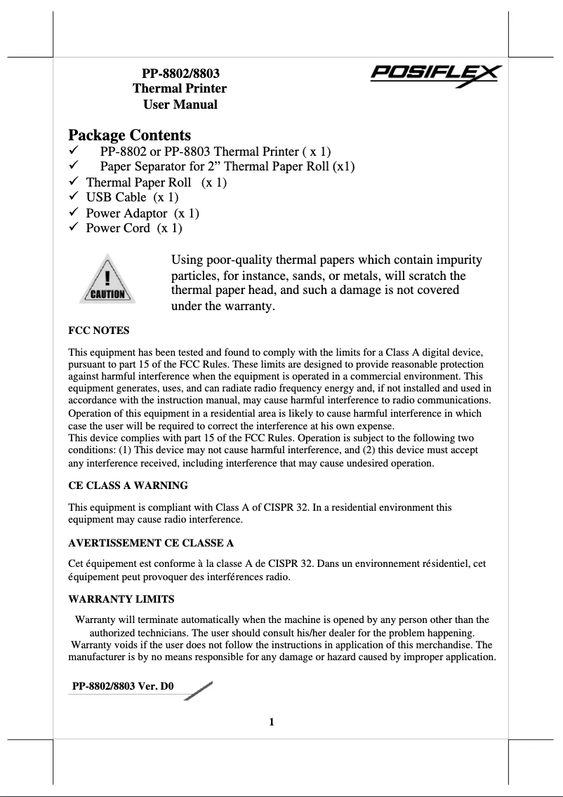 Page 1 de la notice Manuel utilisateur Posiflex AURA PP-8802