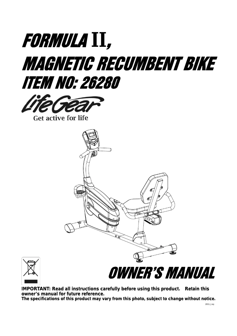 Page 1 de la notice Manuel utilisateur Life Gear Formula II Magnetic Recumbent Bike 26280