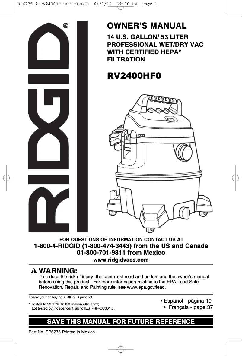 Page 1 de la notice Manuel utilisateur Ridgid RV2400HF