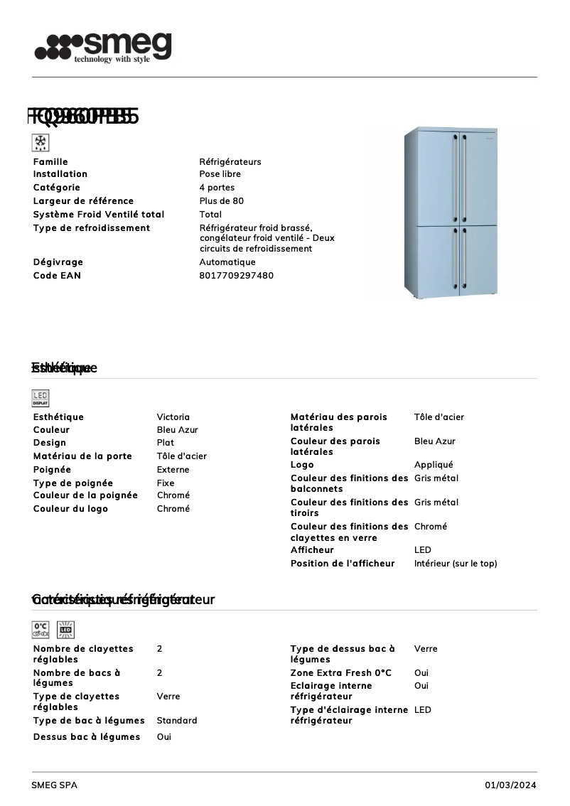 Page 1 de la notice Fiche technique Smeg FQ960PB5