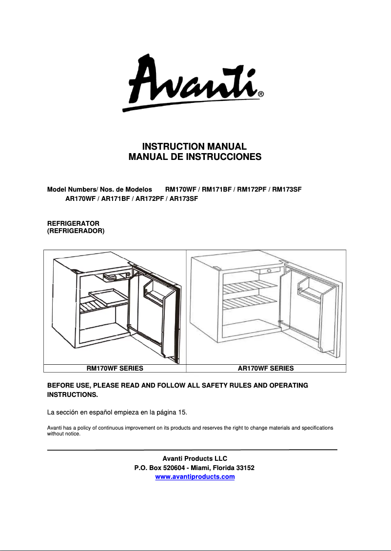 Page 1 de la notice Manuel utilisateur Avanti AR173SF