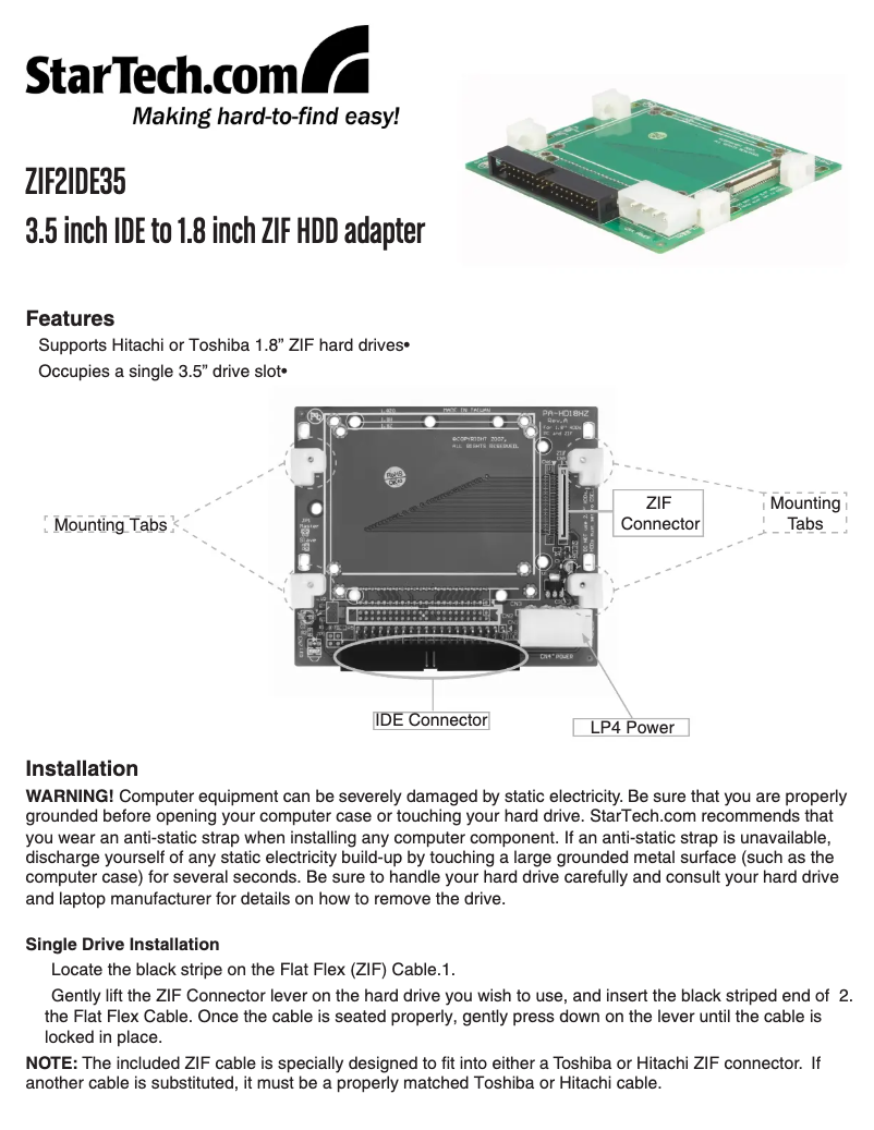 Page n°1 - Manuel utilisateur StarTech.com ZIF2IDE35