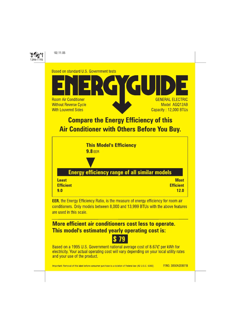 Page 1 de la notice Label énergétique GE AGQ12AB