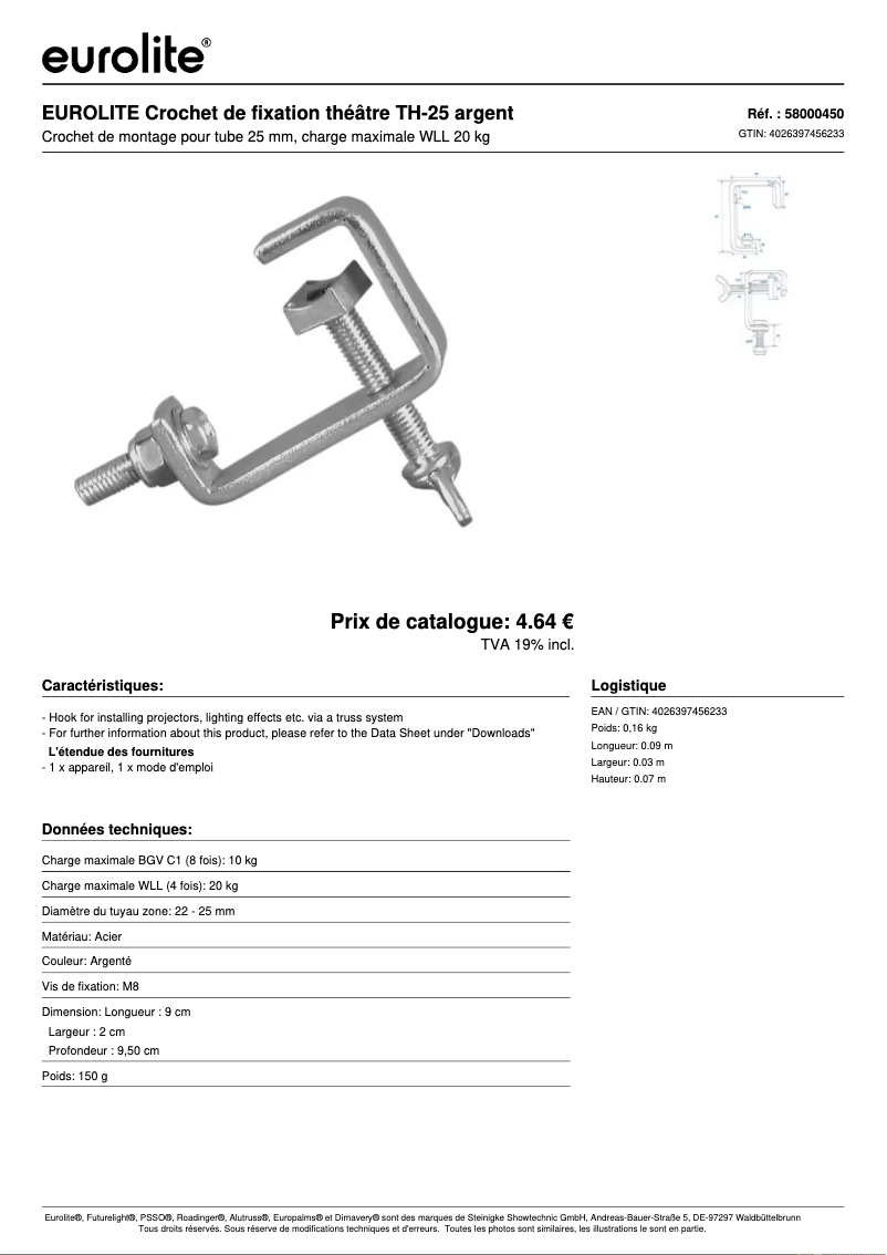 Page 1 de la notice Fiche technique Eurolite TH-25