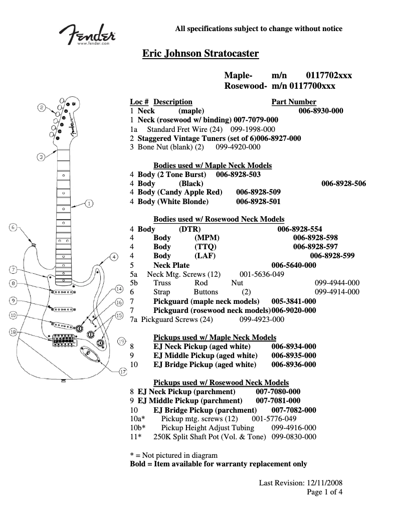Image de la première page du manuel de l'appareil Eric Johnson Stratocaster Rosewood