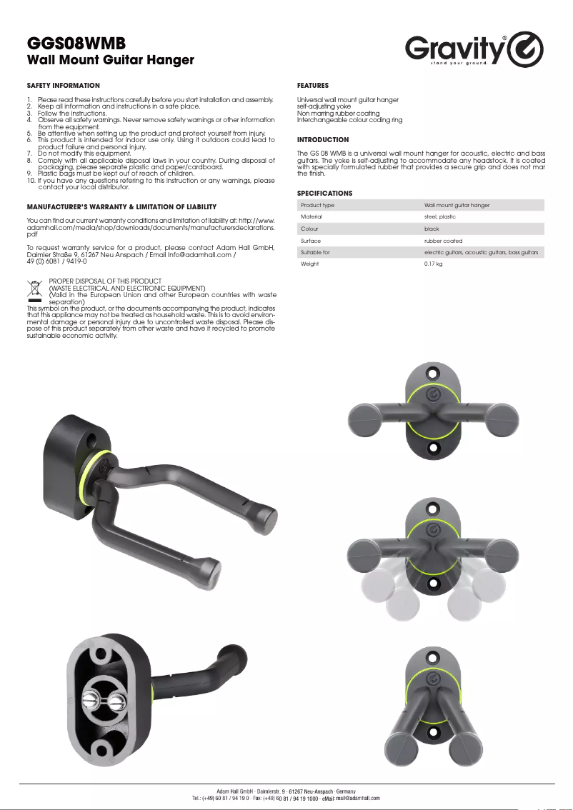 Page 1 de la notice Manuel utilisateur Gravity GS 08 WMB