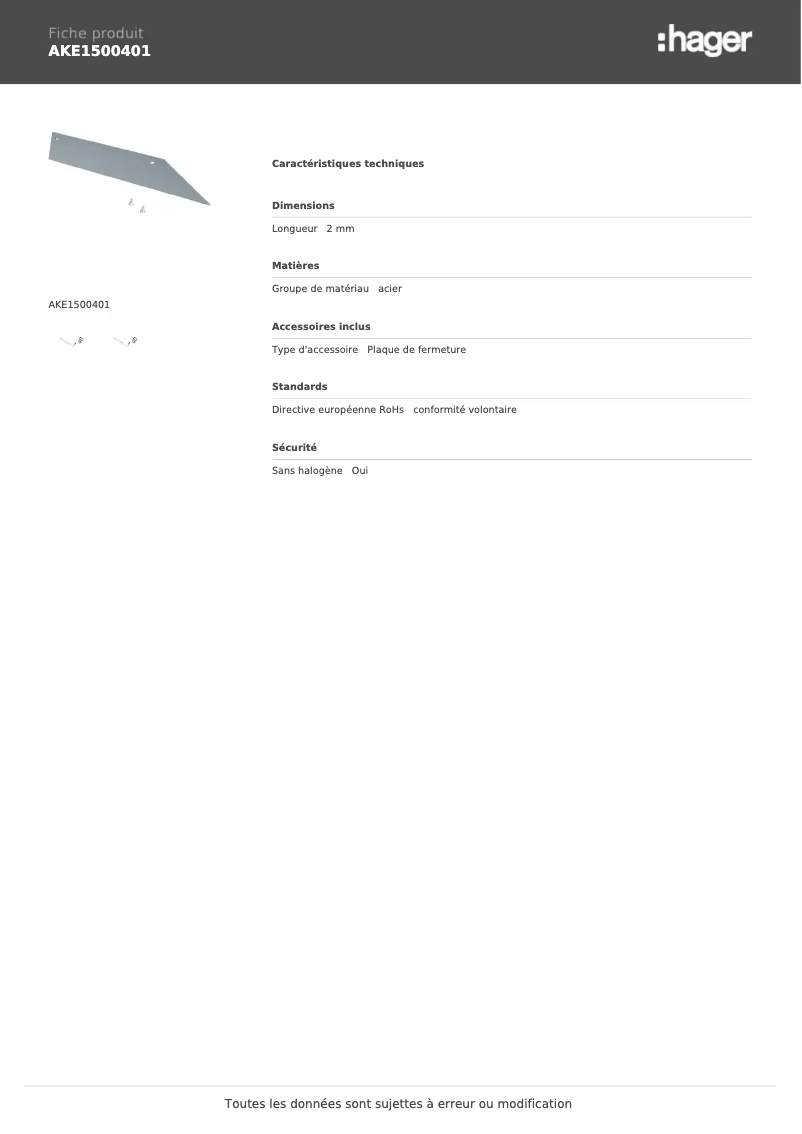 Page 1 de la notice Fiche technique Hager AKE1500401