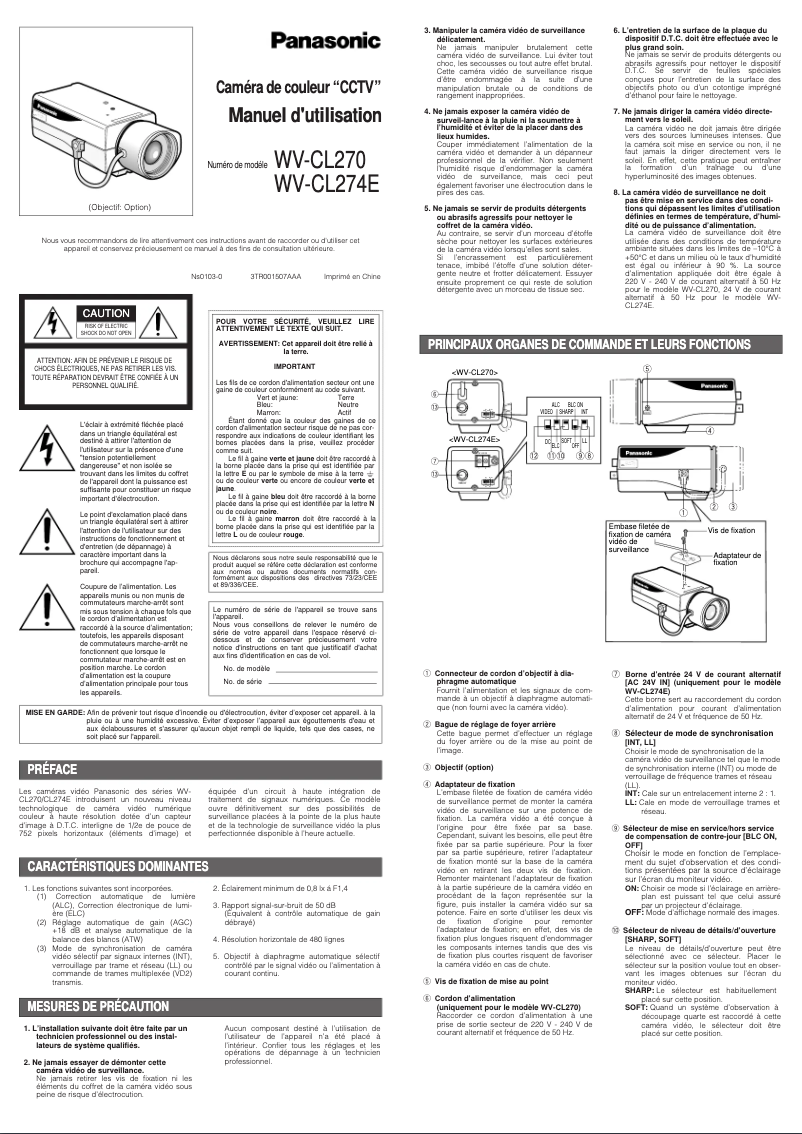 Page 1 de la notice Manuel utilisateur Panasonic WV-CL274