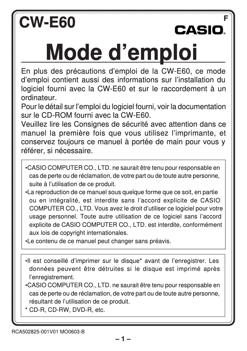 Page 1 de la notice Manuel utilisateur Casio CW-E60