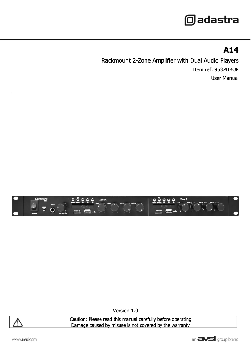 Page 1 de la notice Manuel utilisateur Adastra A14
