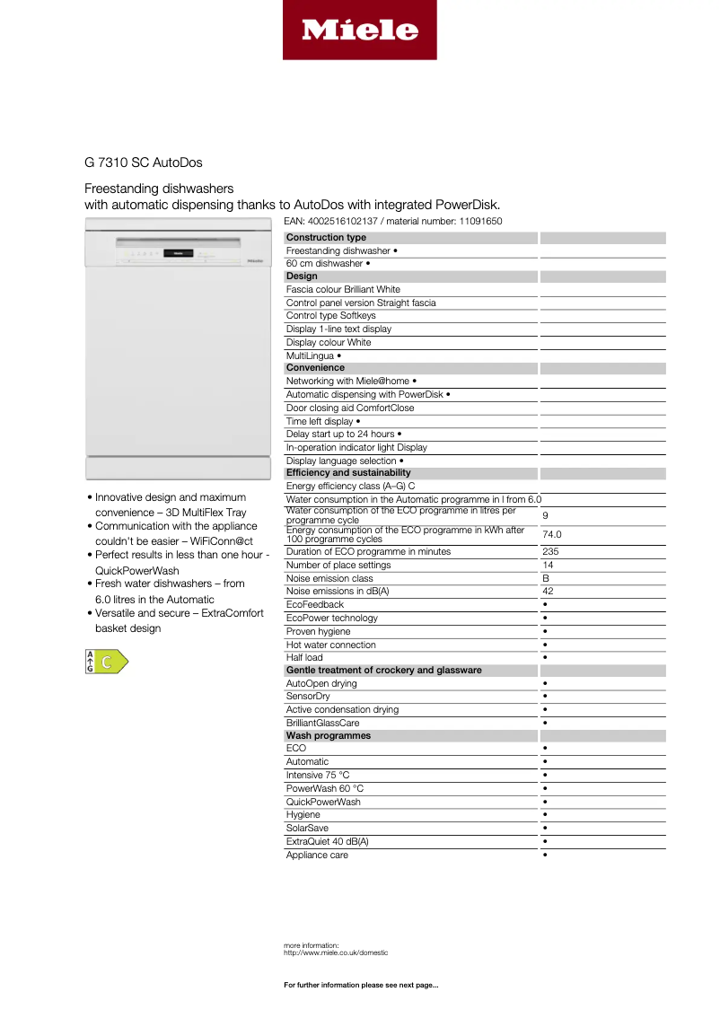 Page 1 de la notice Fiche technique Miele G 7310 SC AutoDos