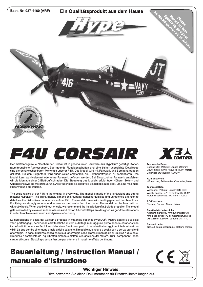 Page 1 de la notice Manuel utilisateur Kyosho F4U Corsair