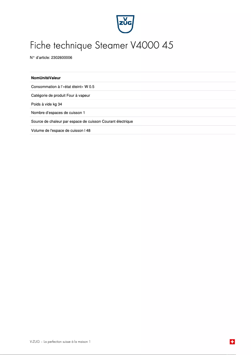 Page 1 de la notice Fiche technique V-Zug Steamer V4000 45