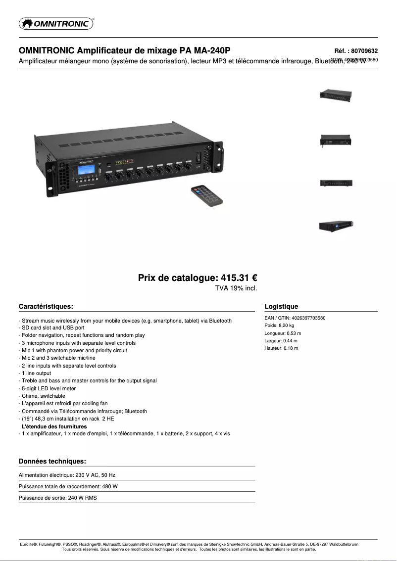 Page n°1 - Fiche technique Omnitronic MA-240P