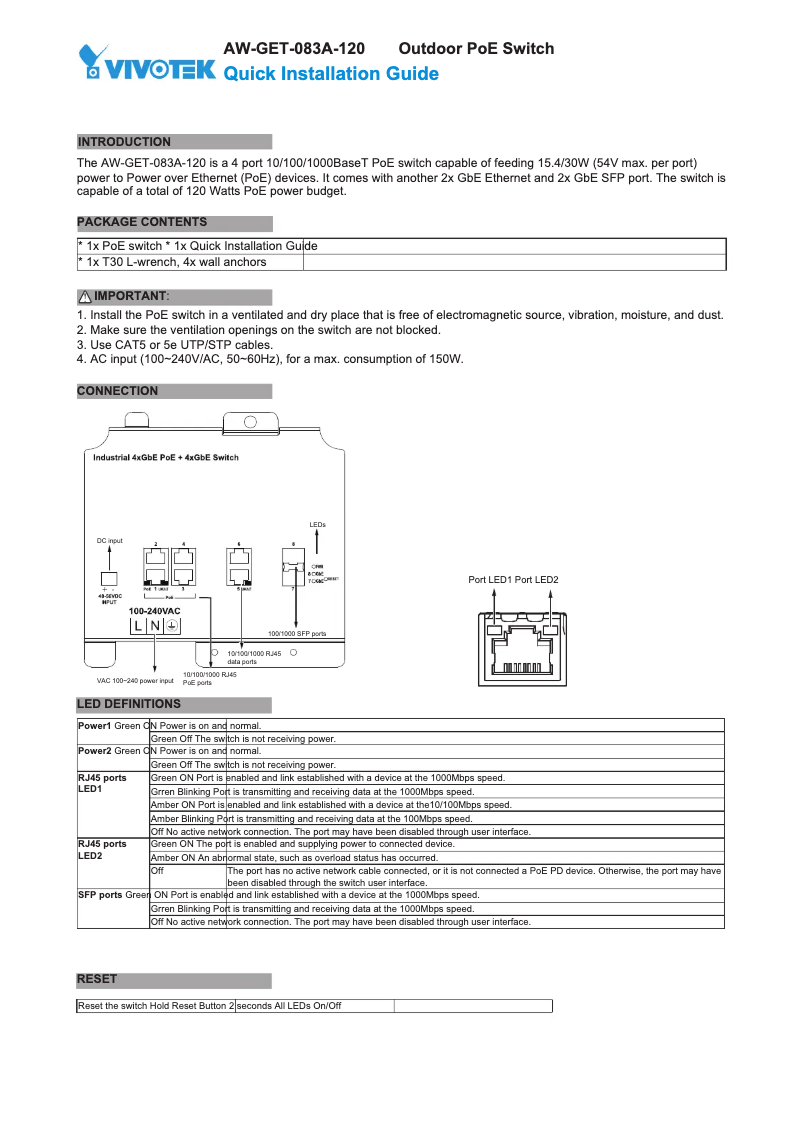 Page 1 de la notice Guide d'installation Vivotek AW-GEH-043A-120