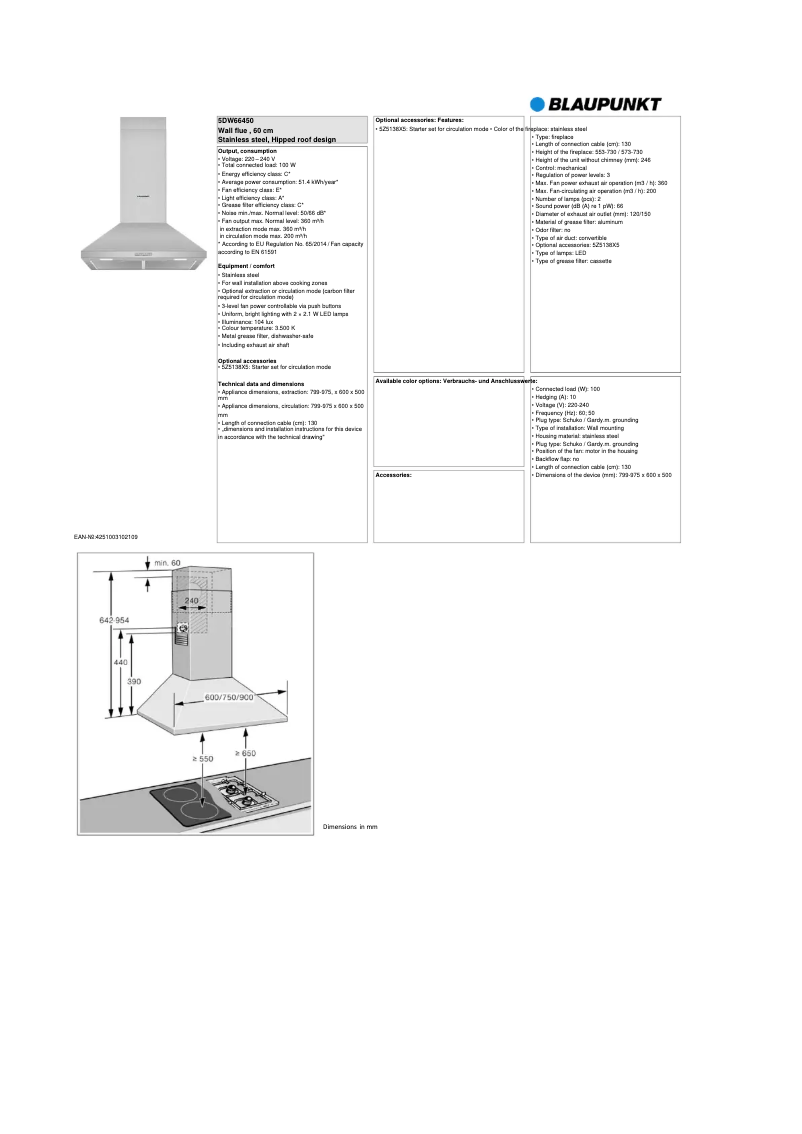 Page 1 de la notice Fiche technique Blaupunkt 5DW66450