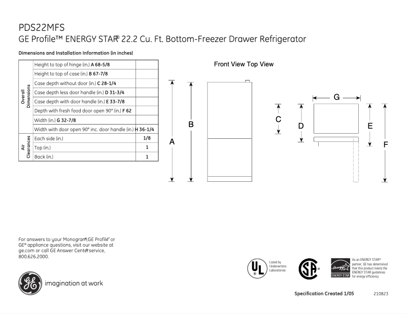 Page n°1 - Fiche technique GE Profile PDS22MFSWW