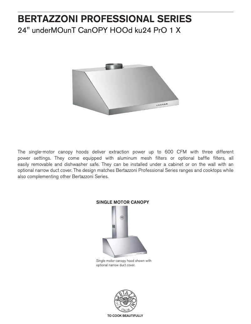 Page 1 de la notice Fiche technique Bertazzoni KU24PRO1XV