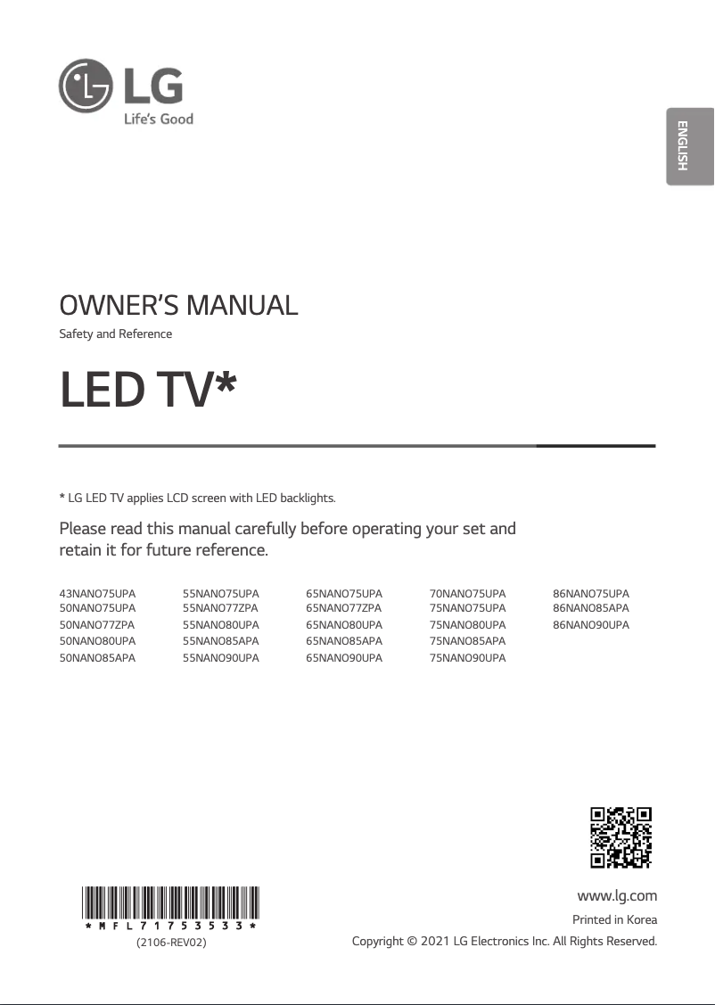 Page 1 de la notice Manuel utilisateur LG 86NANO85APA