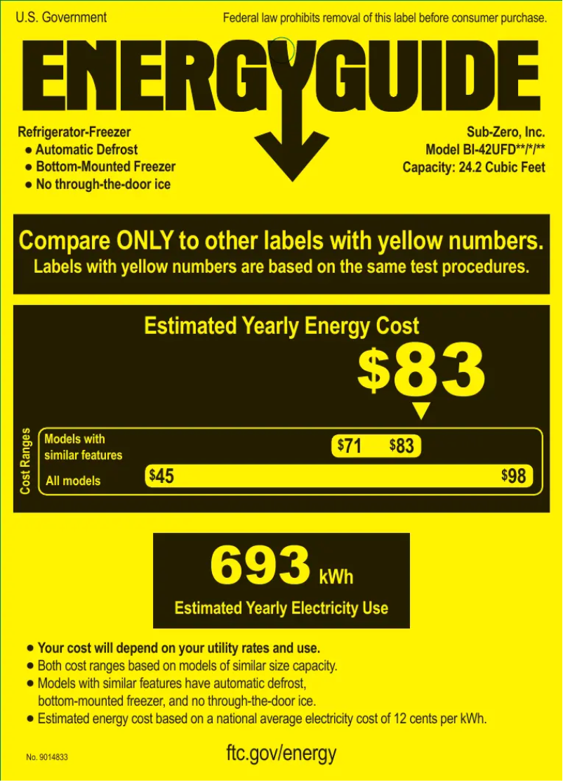 Page 1 de la notice Label énergétique Sub-Zero BI-42UFO