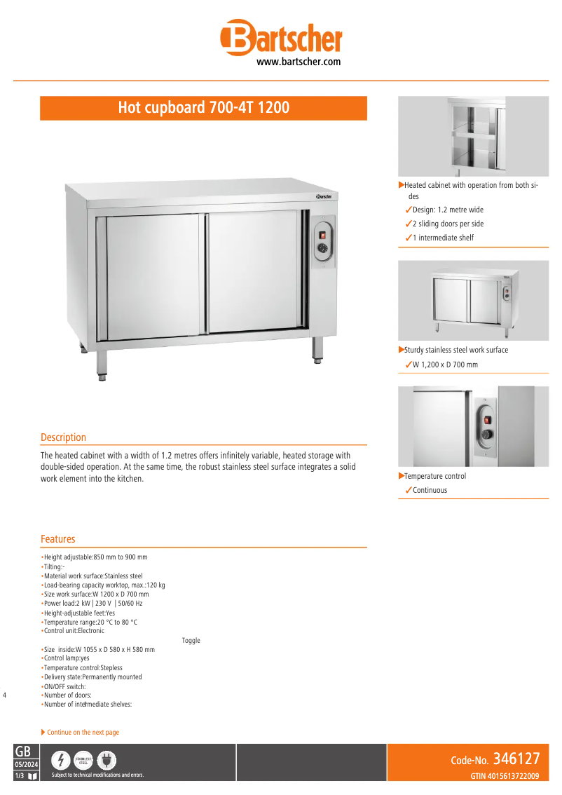 Page 1 de la notice Fiche technique Bartscher 700-4T 1200
