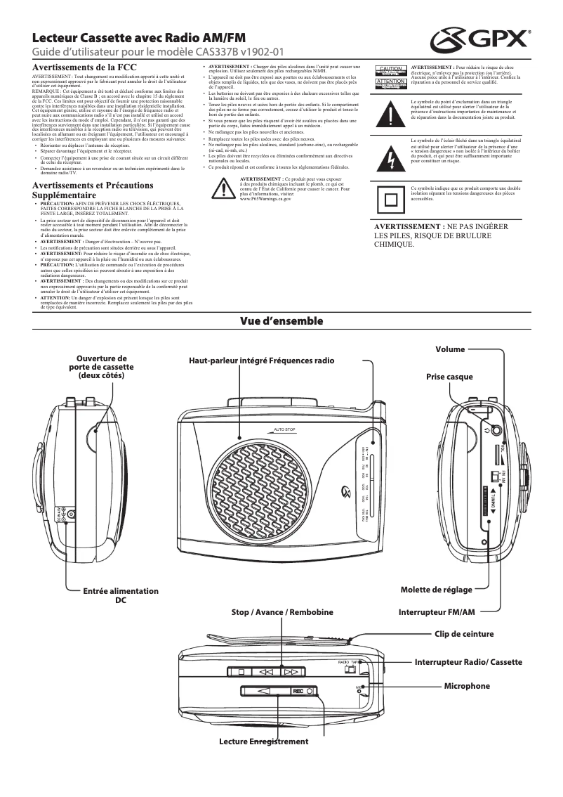 Page 1 de la notice Manuel utilisateur GPX CAS337B