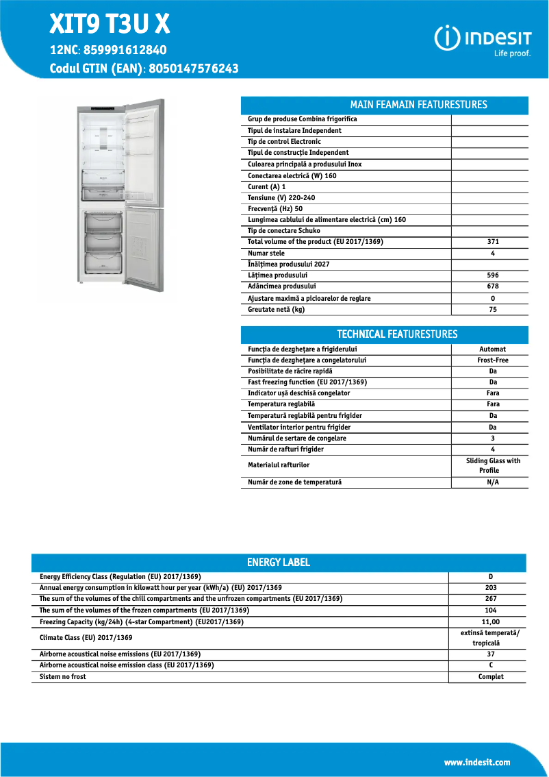 Page 1 de la notice Fiche technique Indesit XIT9 T3U X