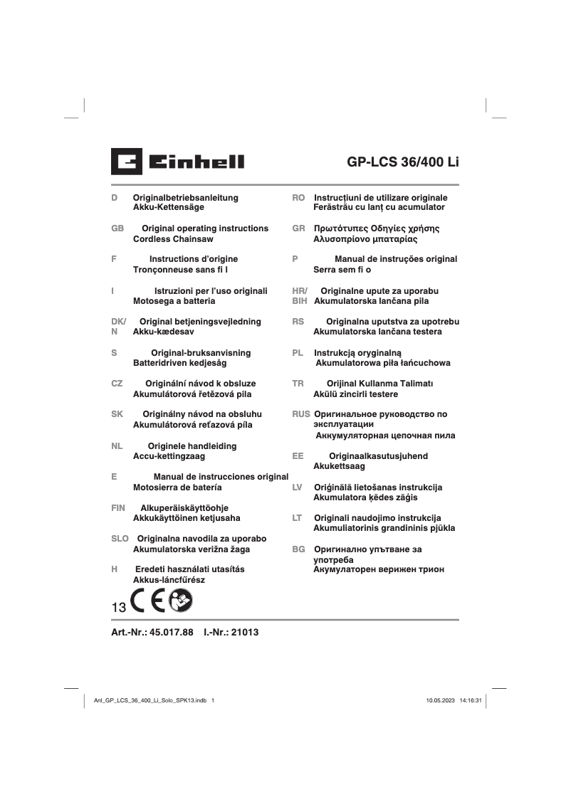 Page 1 de la notice Manuel utilisateur Einhell GP-LCS 36/400 Li