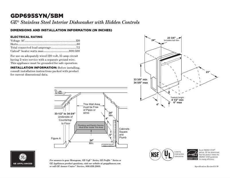 Page 1 de la notice Fiche technique GE GDP695SYNFS