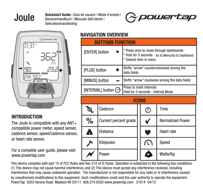 Page 1 de la notice Manuel utilisateur Powertap Joule