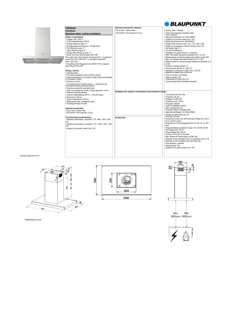 Page 1 de la notice Fiche technique Blaupunkt 5DB99450