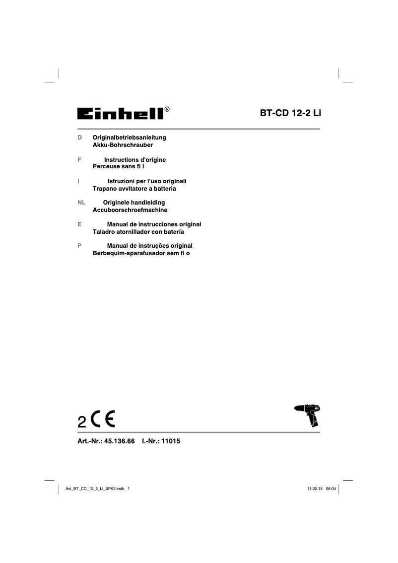 Page n°1 - Manuel utilisateur Einhell BT-CD 12-2 Li