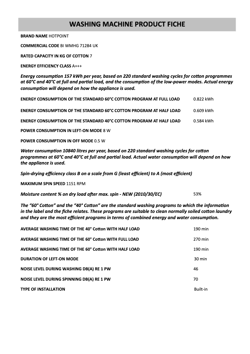Page n°1 - Fiche technique Hotpoint BI WMHG 71284 UK