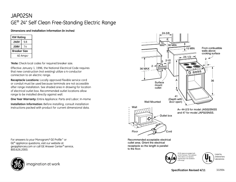 Page n°1 - Fiche technique GE JAP02SNSS