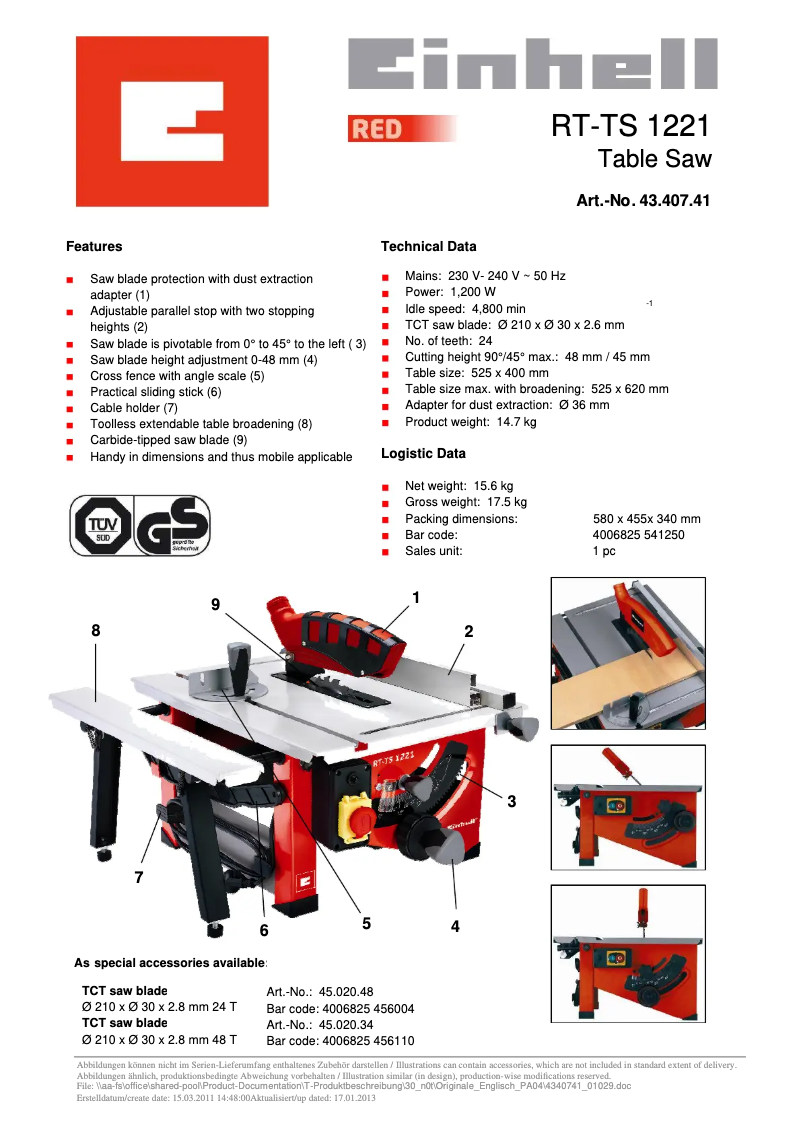 Page 1 de la notice Manuel utilisateur Einhell RT-TS 1221