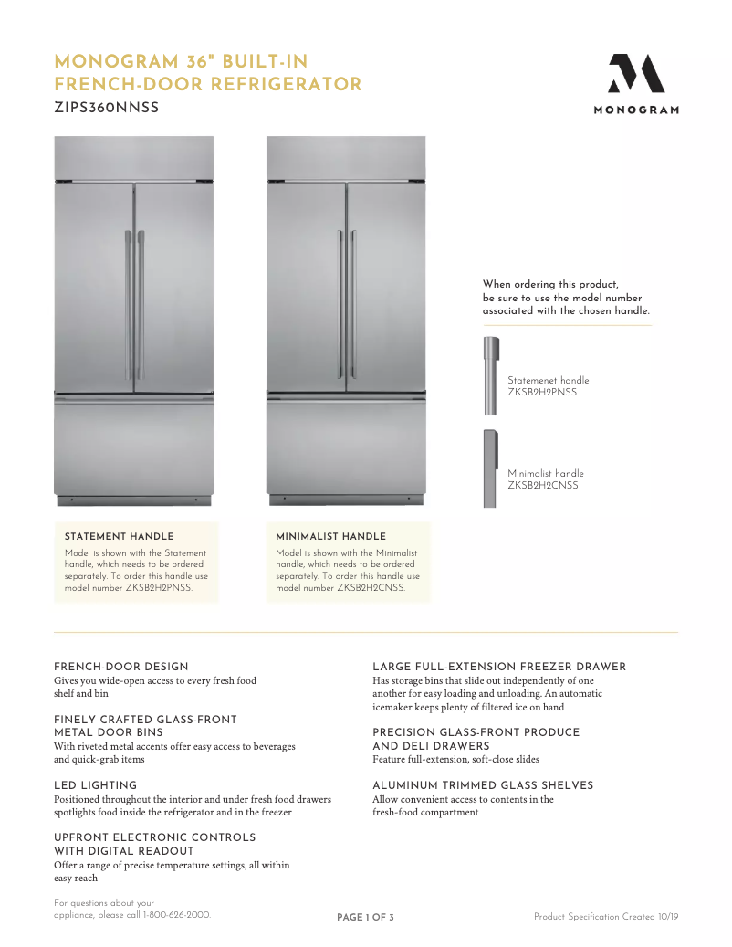 Page 1 de la notice Fiche technique Monogram ZKSB2H2CNSS