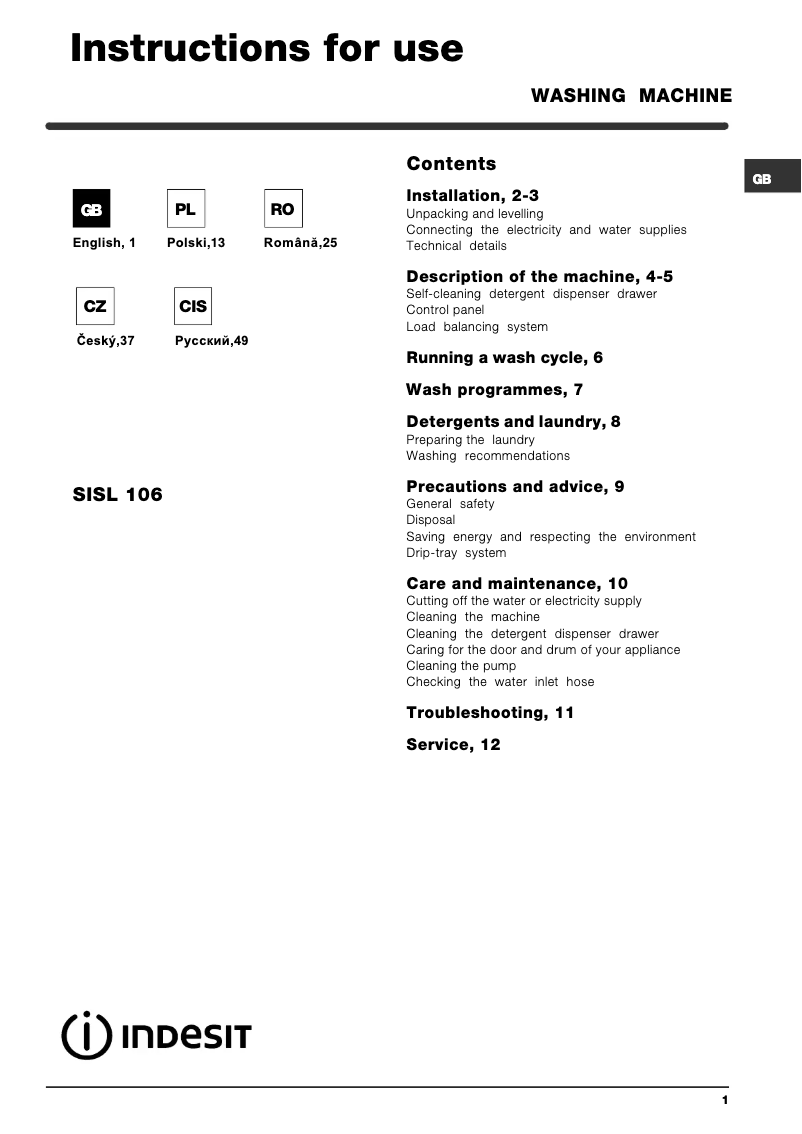 Page n°1 - Manuel utilisateur Indesit SISL 106