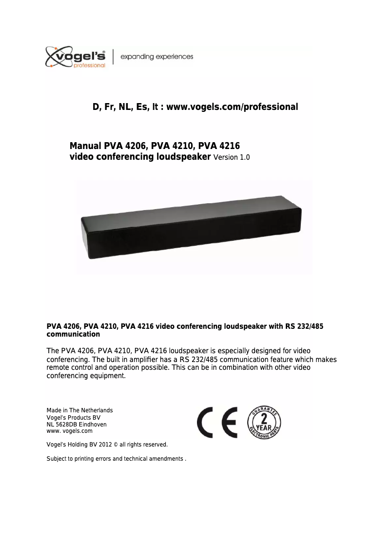 Page n°1 - Manuel utilisateur Vogel's PVA 4216