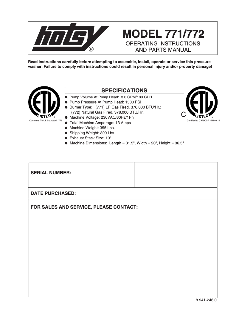 Página 1 del manual Manual de usuario Hotsy 771